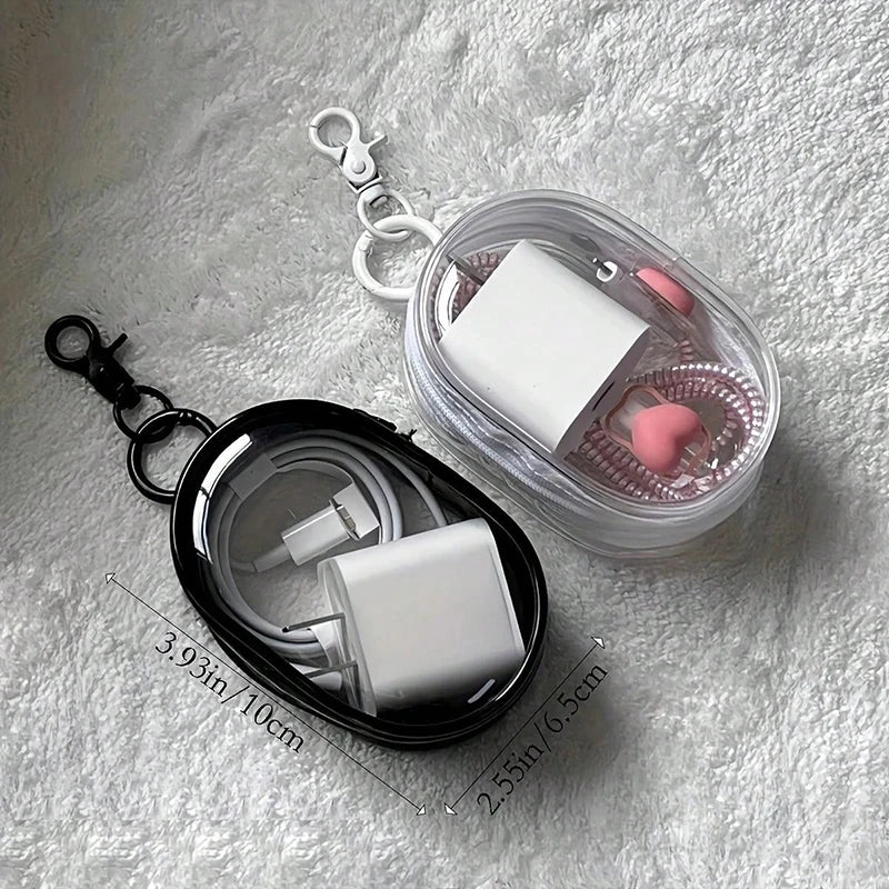 Portable Mini Transparent Storage Bag with Zipper, Multifunctional Headphone and Charger Case, Travel Accessories with Keychain
